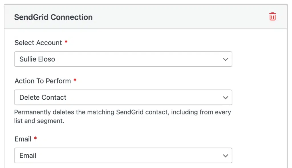 Form titled 'SendGrid Connection' with two dropdowns: 'Select Account' showing 'Sullie Eloso' and 'Action To Perform' set to 'Delete Contact'; description text below; 'Email' field beneath.