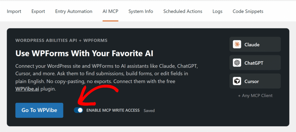 Cartão de marketing escuro mostrando 'Use WPForms Com Sua IA Favorita' com um botão azul 'Ir para WPVibe' e um controle rotulado 'HABILITAR ACESSO DE GRAVAÇÃO MCP'.