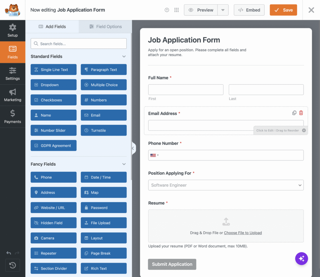 Form builder UI with a Job Application Form on the right and a blue field toolbox on the left.