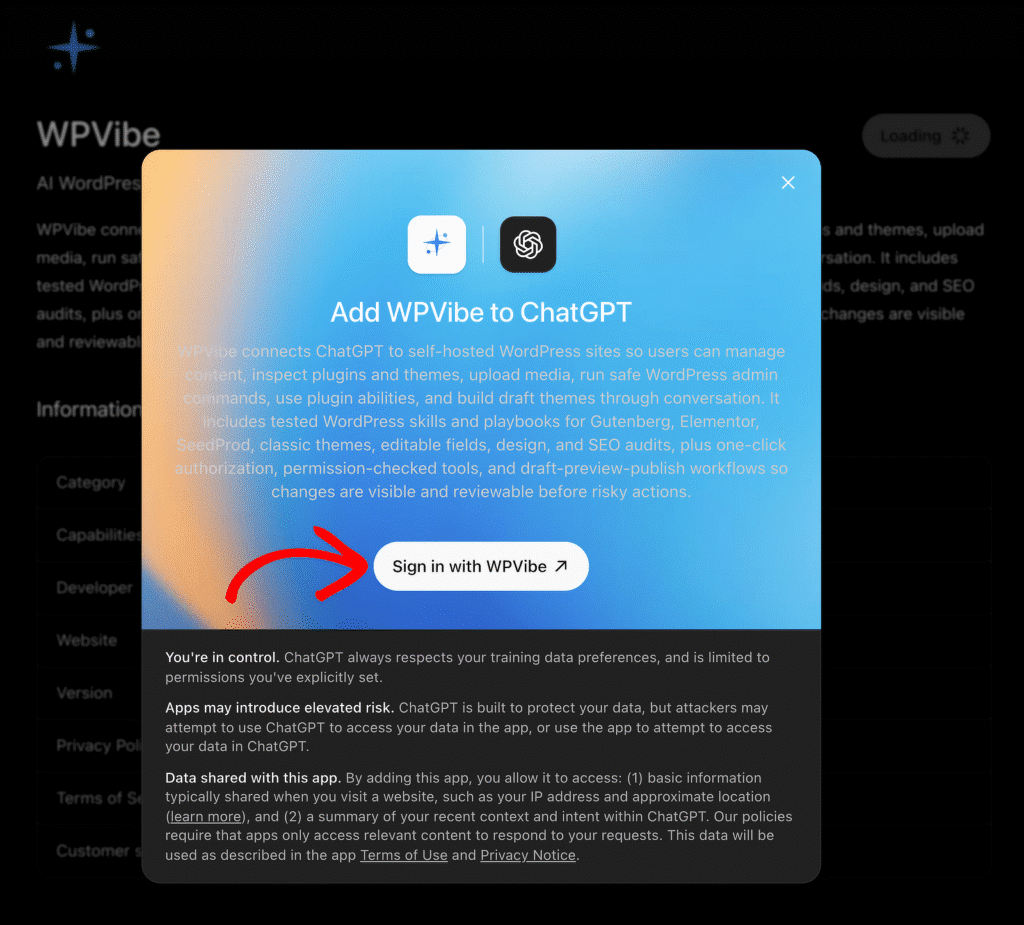 Modal announcing WPVibe integration with ChatGPT and a 'Sign in with WPVibe' button on gradient blue card.