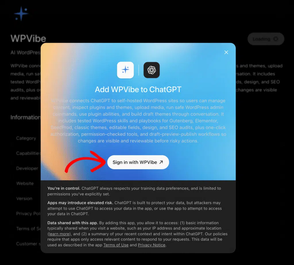 WPVibeとChatGPTの連携を発表するモーダル。「WPVibeでサインイン」ボタンがグラデーションブルーのカードに表示されています。