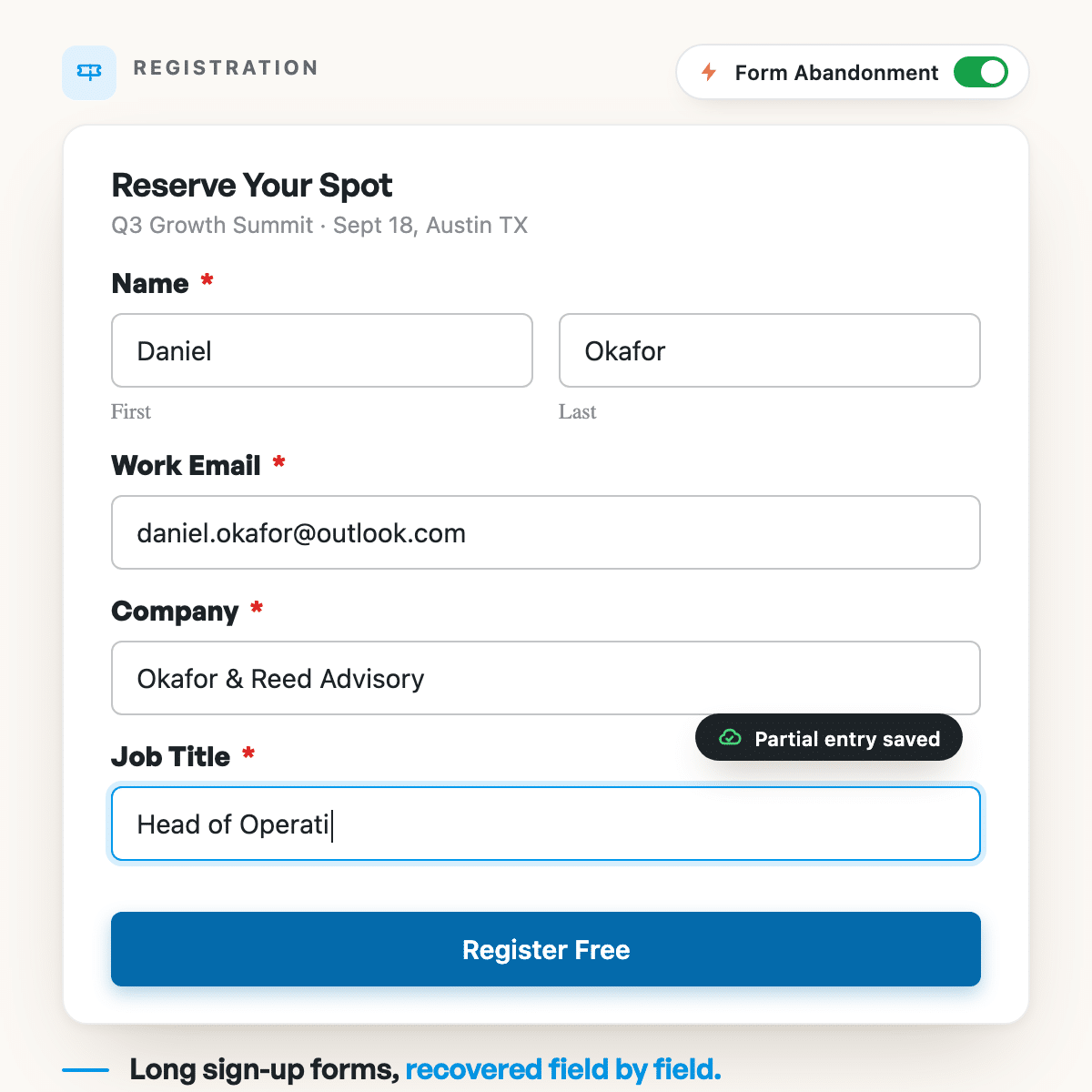 Formulario de registro de eventos de WPForms capturando la entrada parcial de Daniel Okafor a mitad del registro