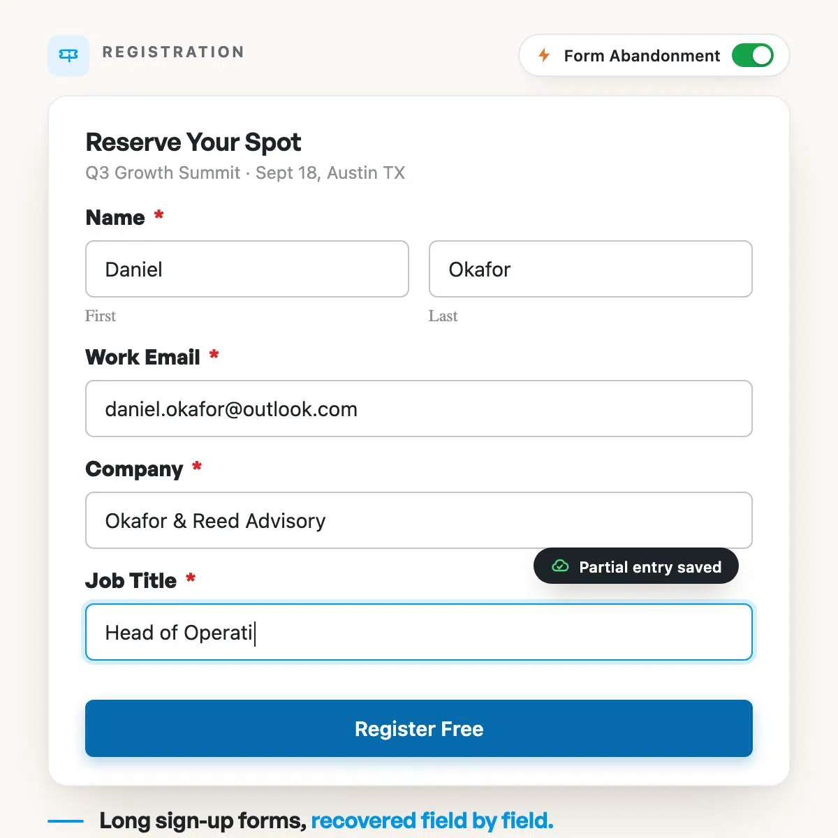 WPForms event registration form capturing Daniel Okafor's partial entry midway through signup