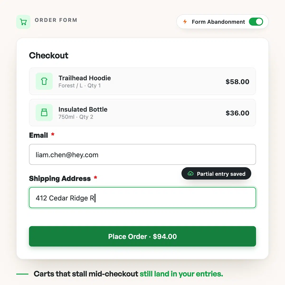 WPForms order form saving Liam Chen's partial entry before checkout is completed