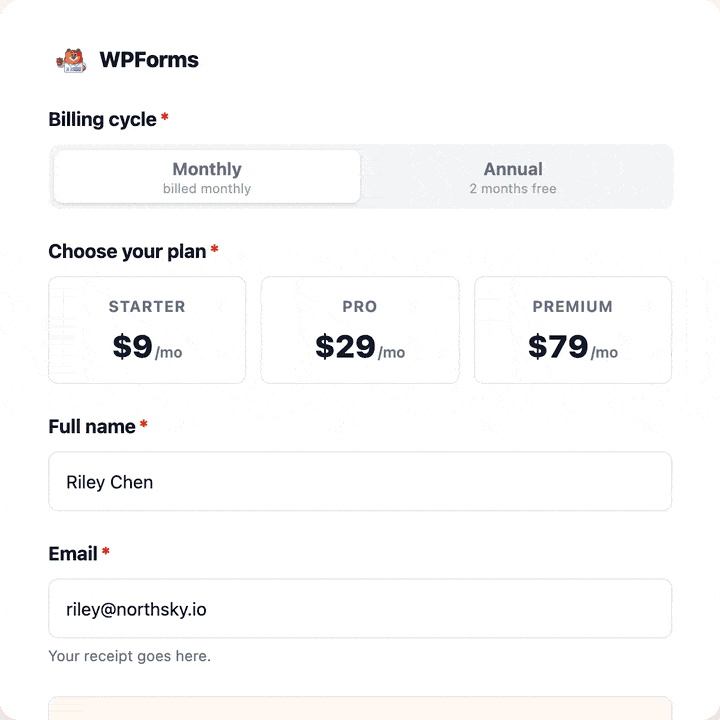 onestripe membro - WPForms Formulário de inscrição de membro Stripe do WPForms animado com opções de plano