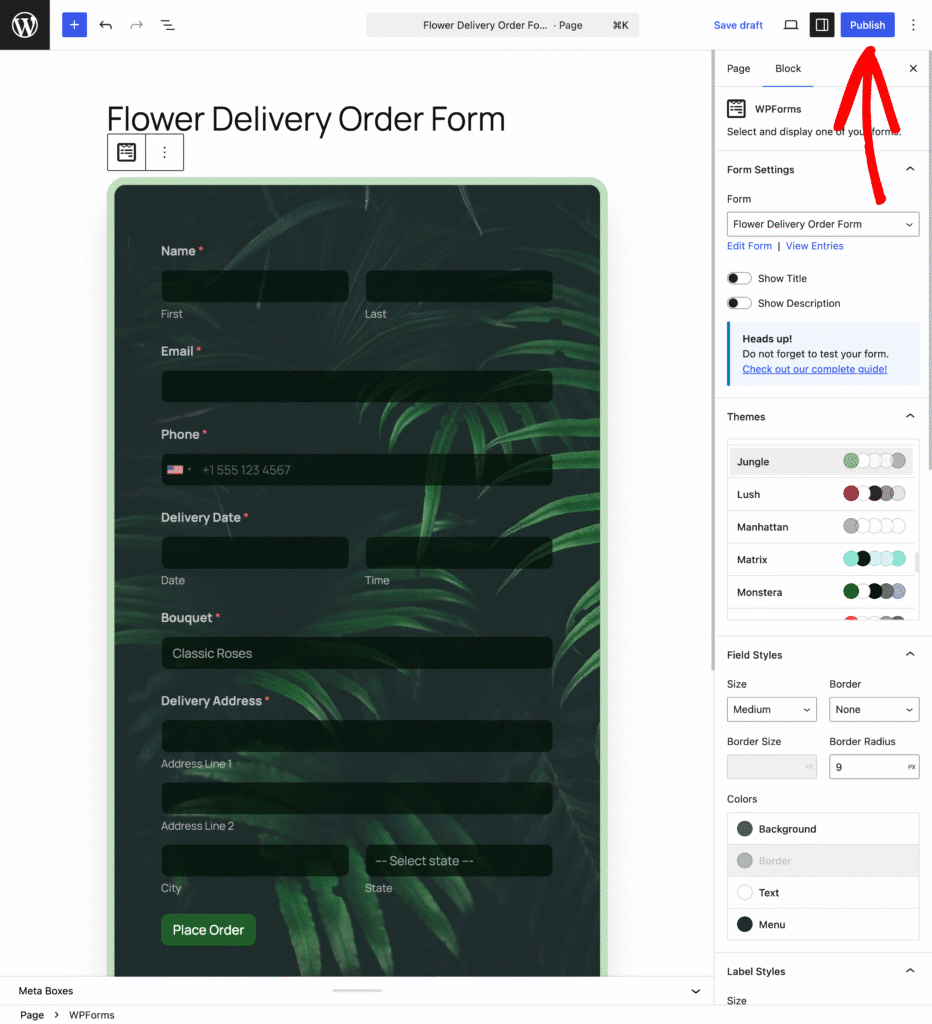 WordPress editor showing a Flower Delivery Order Form in the page builder with form blocks and settings panel open