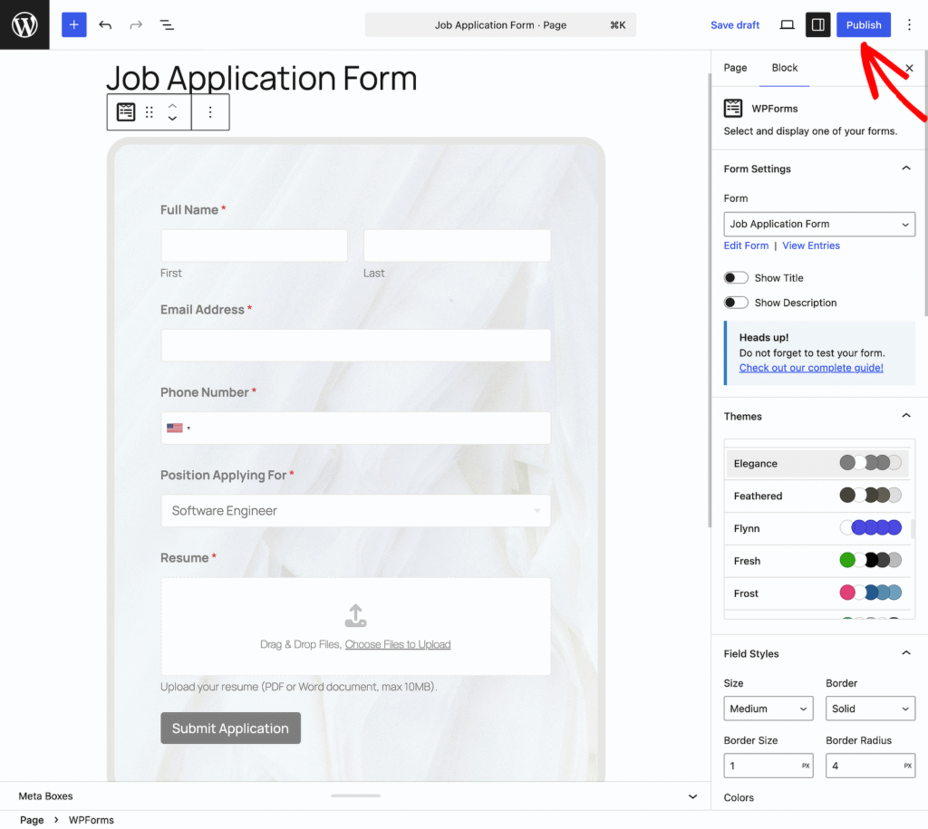 Job Application Form editor in WordPress with fields for name, email, phone, position, resume, and a submit button at the bottom.
