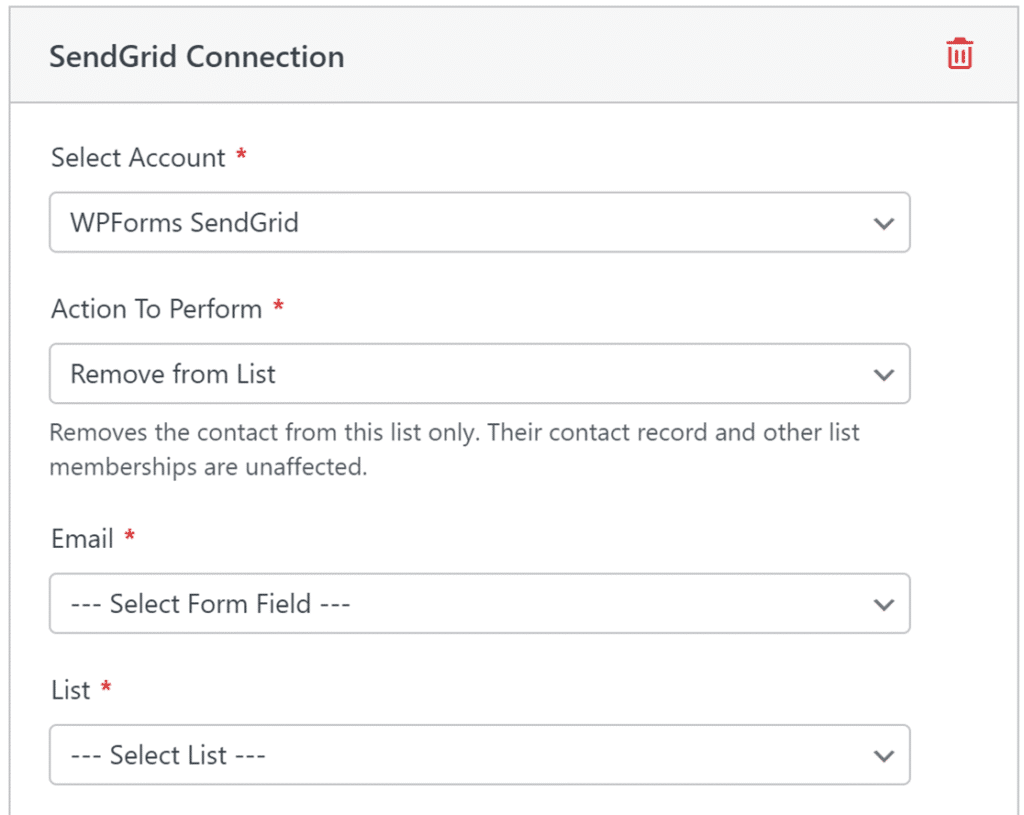 remove-from-list-sendgrid-integration - WPForms Form titled 'SendGrid Connection' with dropdowns for Account, Action To Perform, Email, and List, plus helper text about removing a contact from a list.