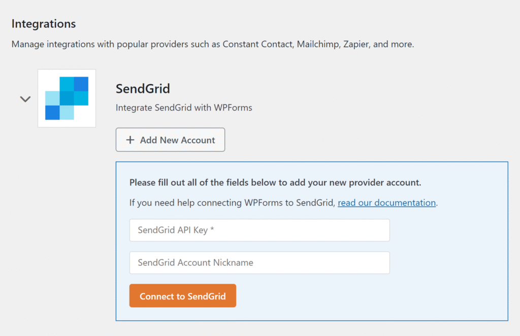 sendgrid-api-key - WPForms WPForms Integrations page showing SendGrid integration with API key and nickname fields and a Connect button.
