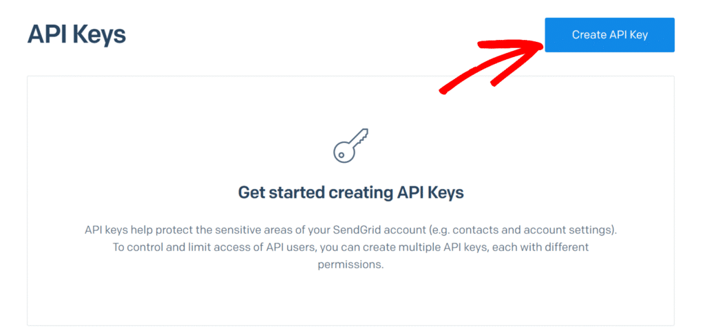 sendgrid-create-api-key - WPForms Button labeled Create API Key on a dashboard for generating API credentials, with explanatory content below titled 'Get started creating API Keys' and a key icon above text.