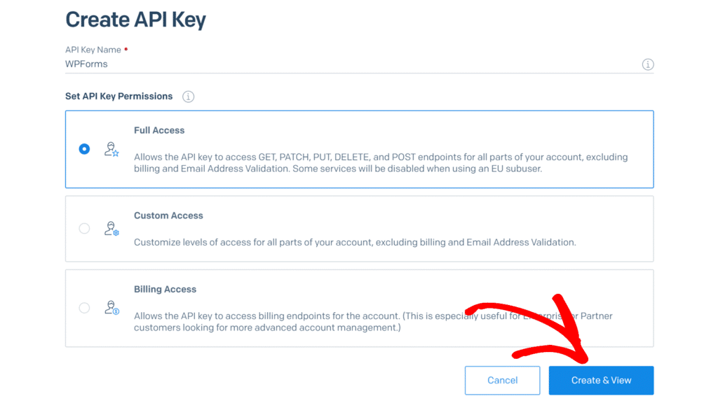 sendgrid-create-api-key-details - WPForms Create API Key screen with key name WPForms, showing three access options: Full Access (selected) with description, Custom Access, and Billing Access; Cancel and Create & View buttons at the bottom, with Create & View highlighted.