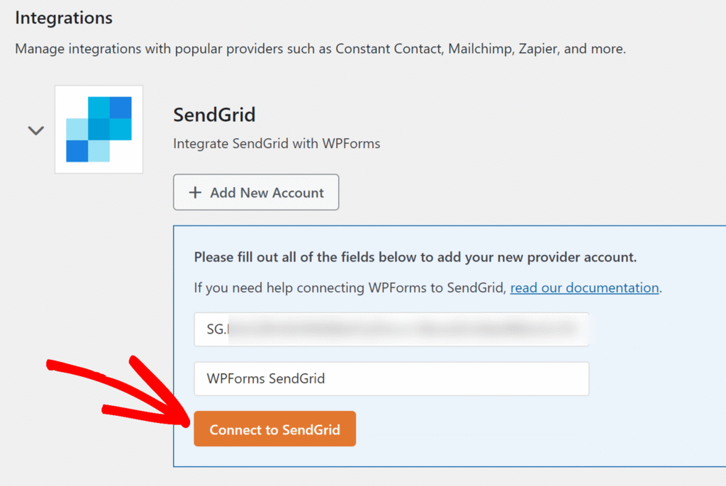 sendgrid-enter-api-key - WPForms Connect to SendGrid button to authorize the WPForms integration