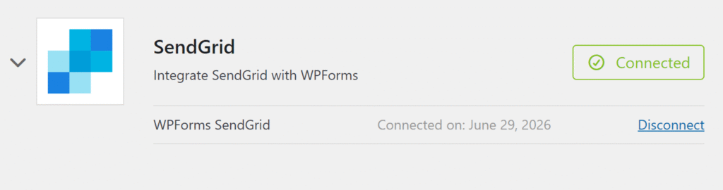 sendgrid-integrated-wpforms - WPForms SendGrid integration card for WPForms, showing a Connected status and Disconnect option.