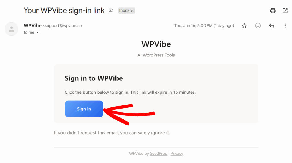E-mail de login do WPVibe mostrando um botão azul 'Entrar' para concluir o login (o link expira em 15 minutos)