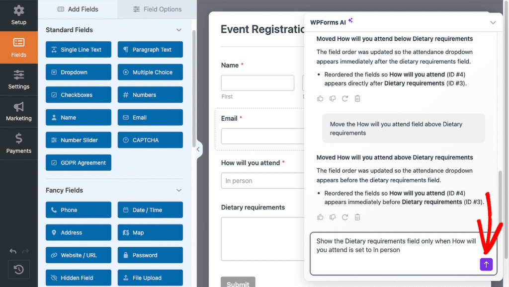 Screenshot of a form builder UI: left panel with blue field options, center form preview titled'Event Registration', and a right help panel with AI tips and a purple 'up' button bottom-right.