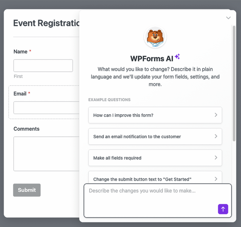 Overlay showing a left-side Event Registration form with Name and Email fields, and a right-side floating WPFForms AI help dialog displaying sample questions.