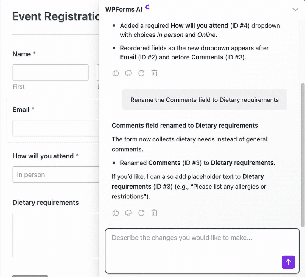 Event registration form in the background with fields for name, email, attendance, and dietary requirements; a floating WPForms AI panel overlays the page showing change notes and a Rename field button.