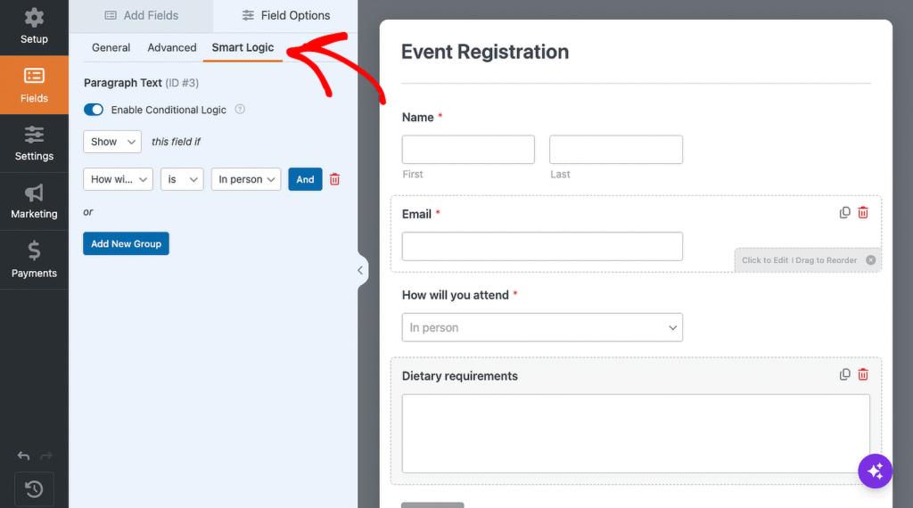 Form builder UI with Smart Logic settings on the left; right shows an Event Registration form with fields for Name, Email, attendance, and dietary requirements.