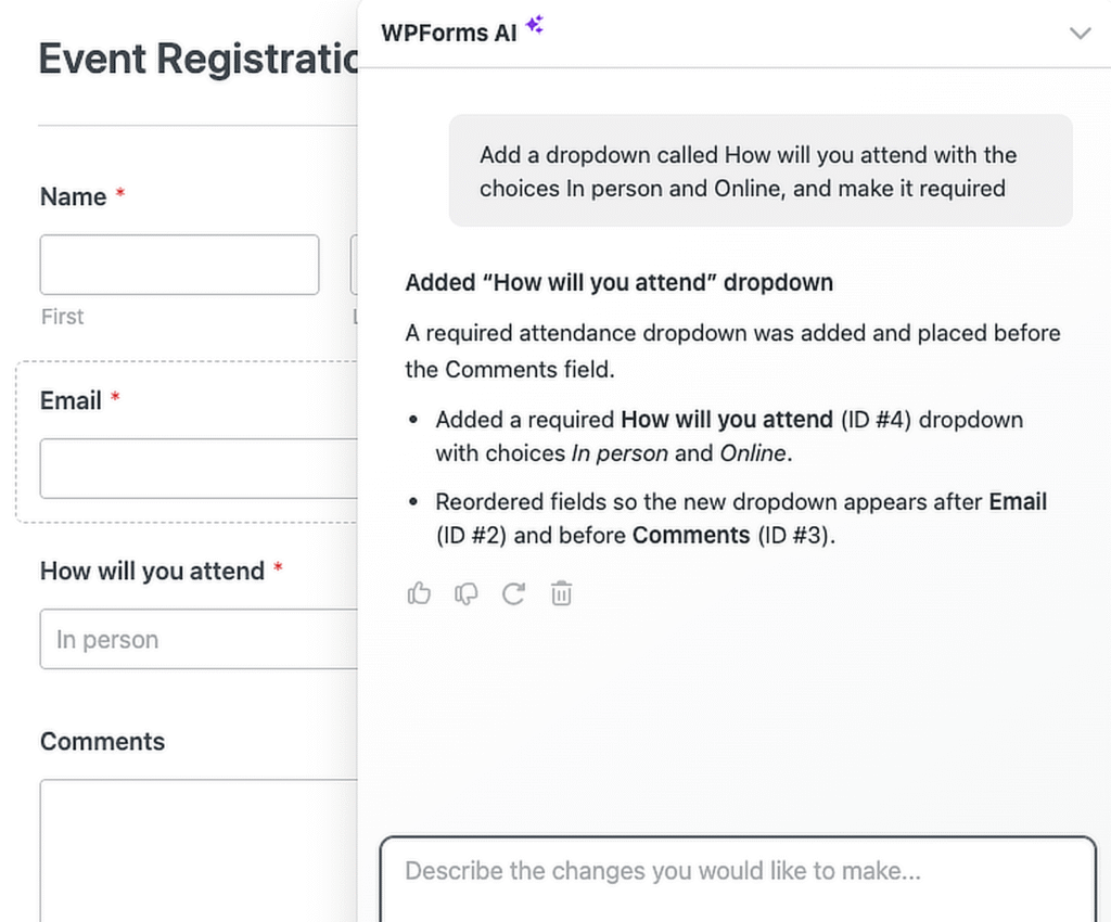 Event registration form showing a new required How will you attend dropdown placed before the Comments field on the form.