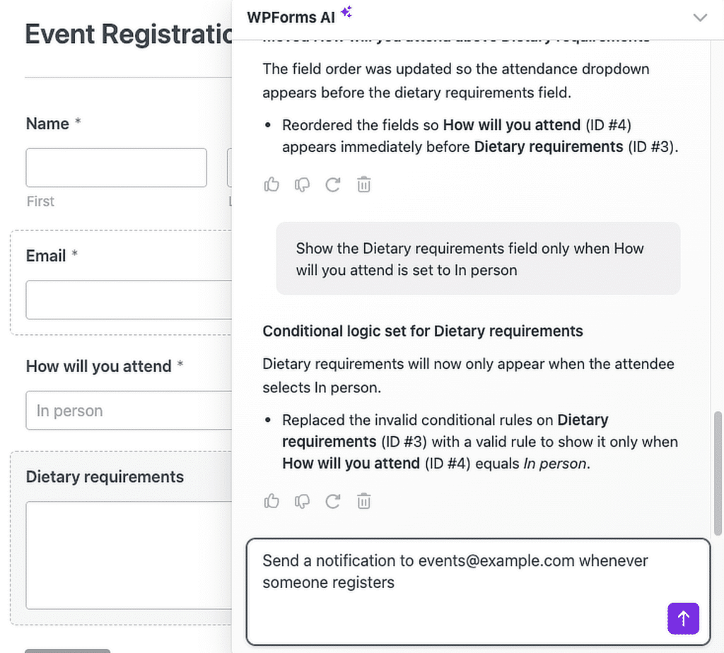 Event registration form editor with fields Name, Email, How will you attend, and Dietary requirements; WPForms AI help panel overlays the right side.
