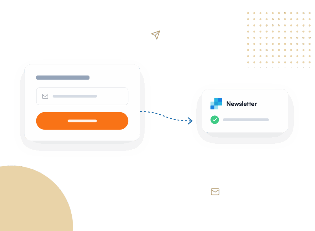 tab1-newsletter - WPForms Gráfico de dos paneles que muestra un formulario de registro a la izquierda con campo de correo electrónico y CTA naranja redondeado, enlazado a una tarjeta de 'Boletín' a la derecha con una marca de verificación verde y texto.