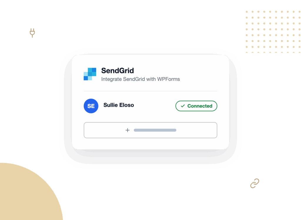 tab3-agency-connect - WPForms Diálogo que muestra la integración de SendGrid con WPForms; la usuaria Sullie Eloso está Conectada (marca verde).