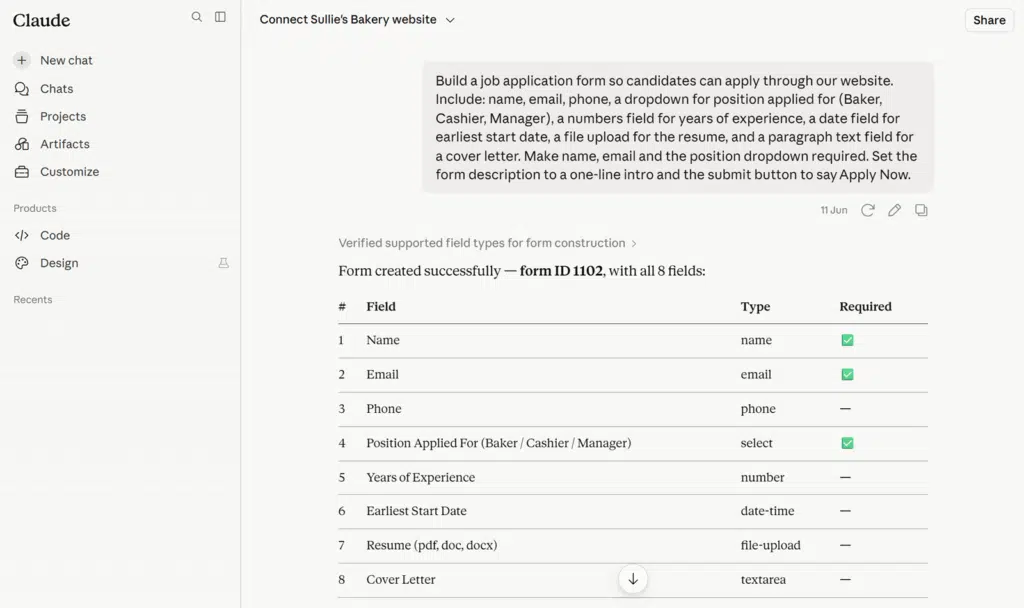 Screenshot of a form-building UI showing a sample job application form with fields Name, Email, Phone, and Resume on the Claude app