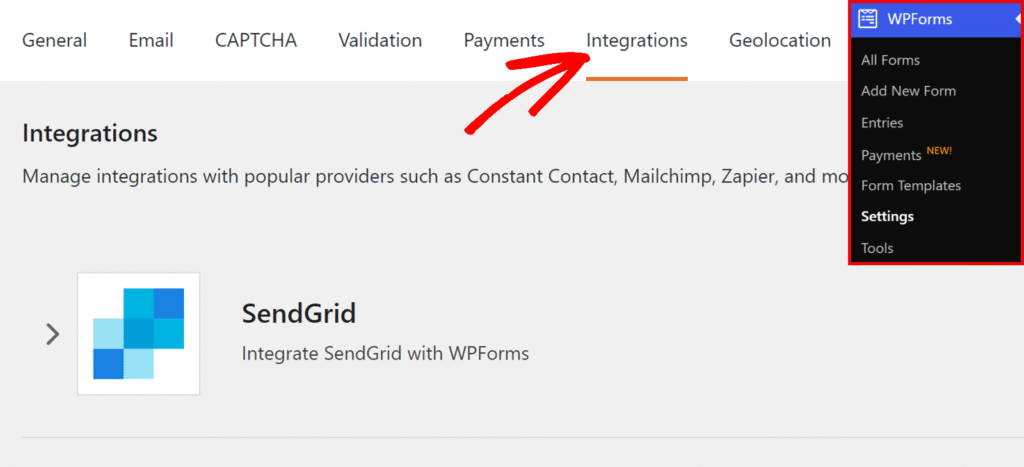 wpforms-integrations-tab-sendgrid - WPForms WPForms Integrations page with a SendGrid integration card and a right-side menu panel.