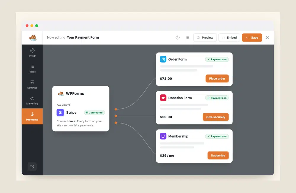 wpforms stripe forms payments v2 - WPForms Uma ligação Stripe no WPForms a potenciar um formulário de encomenda, um formulário de doação e um formulário de membro
