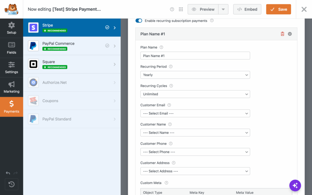 Enabling recurring Stripe subscription payments on a WPForms form