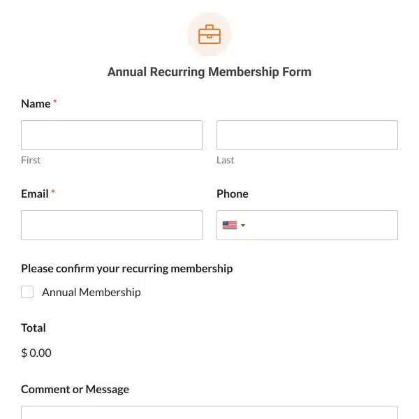 wpforms template recurring membership - WPForms Pré-visualização do modelo de Formulário de Membro Recorrente Anual