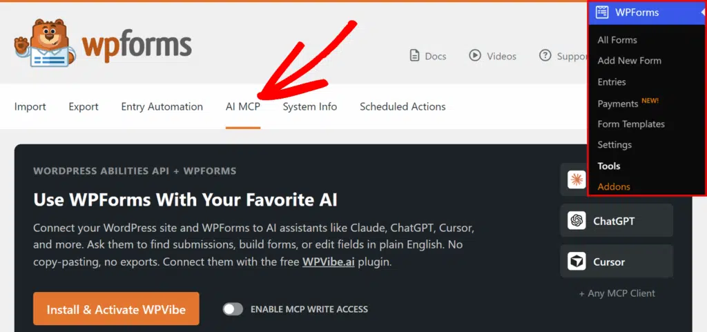 WPForms のヘッダーにロゴとナビゲーションが表示され、AI MCP タブがメニューバーでオレンジ色の下線で強調表示されています。