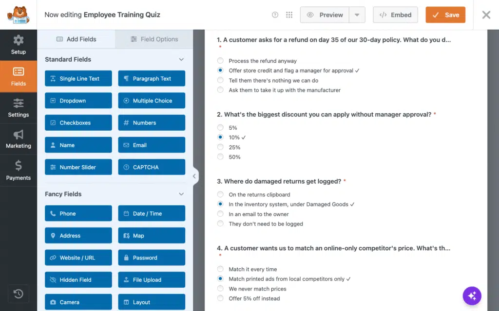 Quiz editor UI: left sidebar with Setup/Fields/Settings, blue field options (Single Line Text, Dropdown, Multiple Choice) and a right panel showing quiz questions about refunds and discounts.