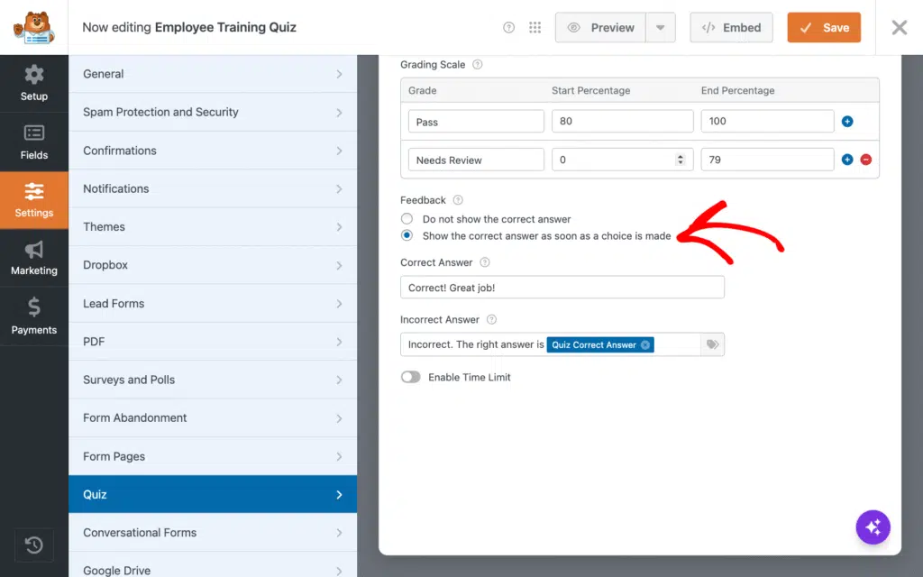 Quiz editor UI with left navigation and grading scale; 'Show the correct answer as soon as a choice is made' feedback option selected.