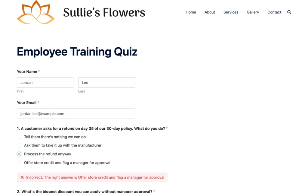 Web page titled 'Employee Training Quiz' with the Sullie's Flowers logo and top navigation, showing a form that asks for name and email and includes a multiple-choice question.