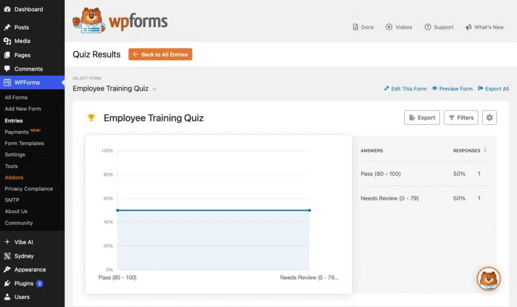 WPForms dashboard: Employee Training Quiz results with a chart and a two-item results table (50% Pass, 50% Needs Review).“…