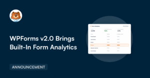 Dark blue hero with a bear avatar left, large WPForms v2.0 headline and a form analytics screenshot on the right.