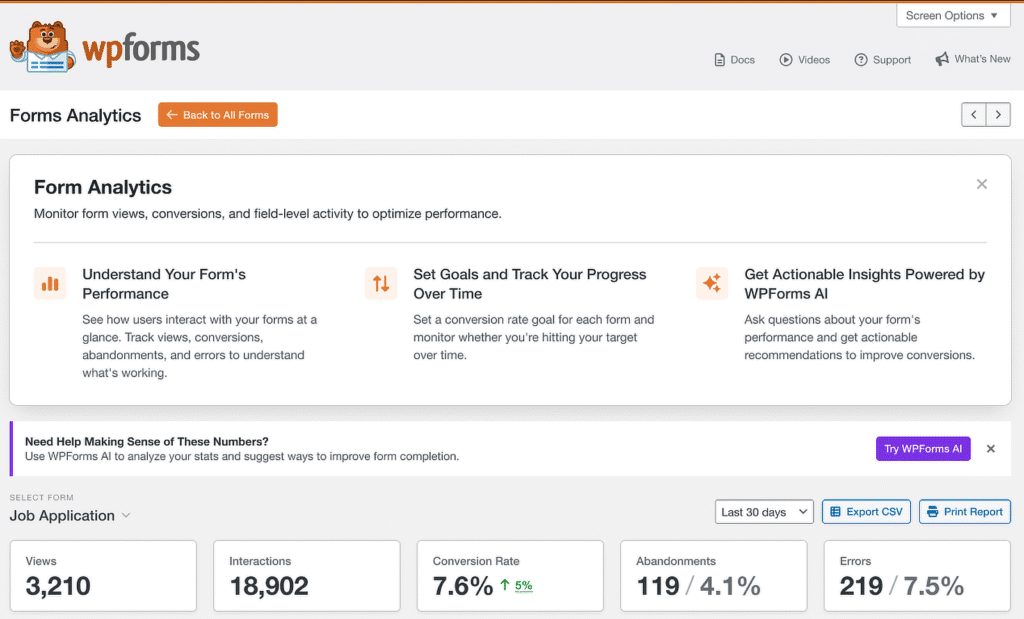 WPForms Forms Analytics Dashboard mit Metriken und drei Feature-Karten für Performance-Einblicke, Ziele und umsetzbare KI-Tipps.