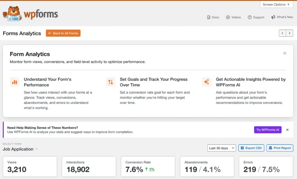 WPForms Forms Analytics dashboard with metrics and three feature cards for performance insights, goals, and actionable AI tips.