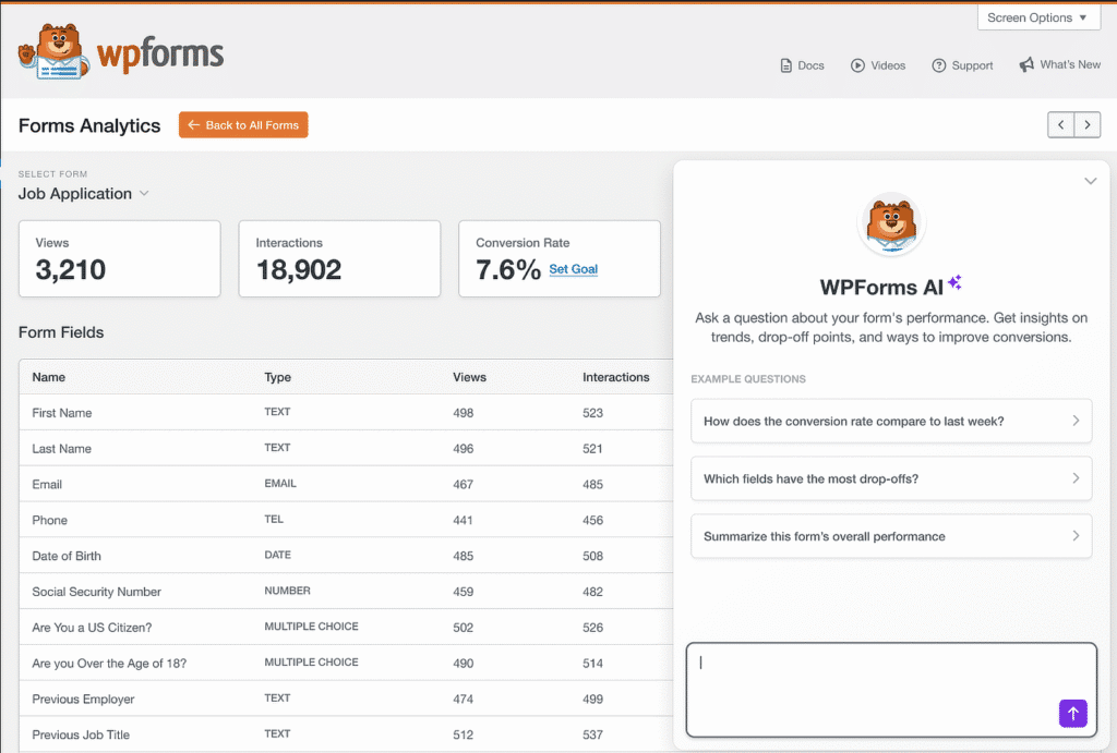 Dashboard mit WPForms-Analysen für das Formular „Bewerbung“ mit Aufrufen, Interaktionen und Konversionsrate; darunter eine Tabelle mit Formularfeldern.
