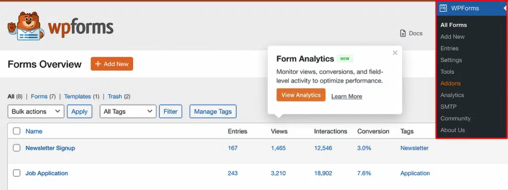 WPForms Forms Overview page showing two forms (Newsletter Signup, Job Application) with metrics: Entries, Views, Interactions, Conversion and Tags; Add New button and top navigation.