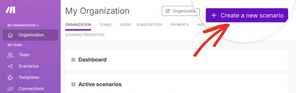 Intestazione della dashboard 'La mia organizzazione' con navigazione sinistra viola; pulsante viola prominente 'Crea un nuovo scenario'