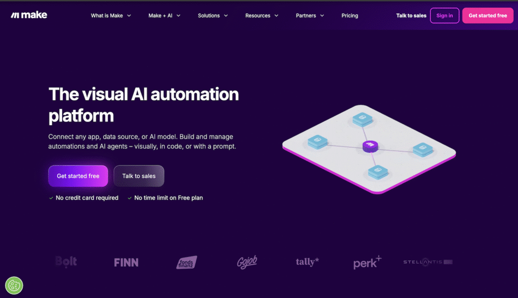 Sezione principale per una piattaforma di automazione AI: titolo 'La piattaforma visiva di automazione AI' con due CTA 'Inizia gratuitamente' e 'Parla con le vendite' e un diagramma di rete sulla destra.