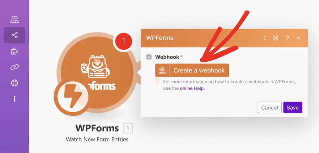 Dashboard WPForms con branding arancione e un messaggio popup che dice 'Crea un webhook' sul lato destro dello schermo.