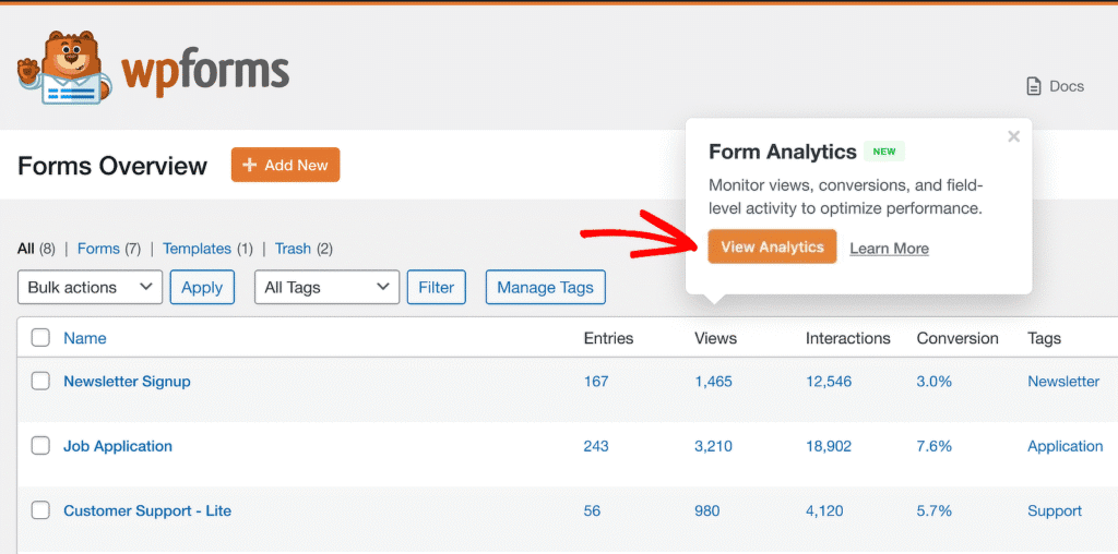 Popup-Fenster mit dem Titel „Formularanalysen“ mit Beschreibung und einer orangefarbenen Schaltfläche „Analysen anzeigen“.