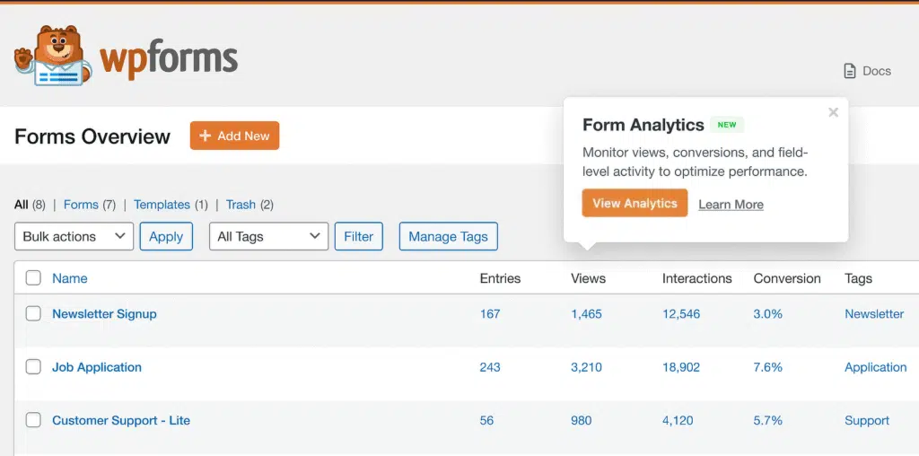 Dashboard screenshot of WPForms forms overview with Add New button and form list: Newsletter Signup, Job Application, Support, etc.
