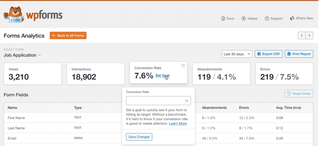 wpforms Forms Analytics Dashboard mit wichtigen Metriken: 3.210 Aufrufe, 18.902 Interaktionen, 7,6 % Konversionsrate, 119 Abbrüche, 219 Fehler für das Formular "Bewerbung"