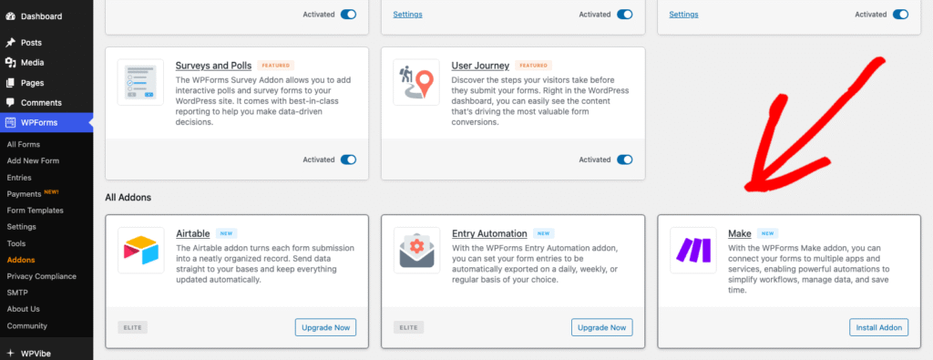 Amministrazione WordPress: griglia di addon per WPForms con addon Airtable, Entry Automation e Make; scheda Make evidenziata sul lato destro.
