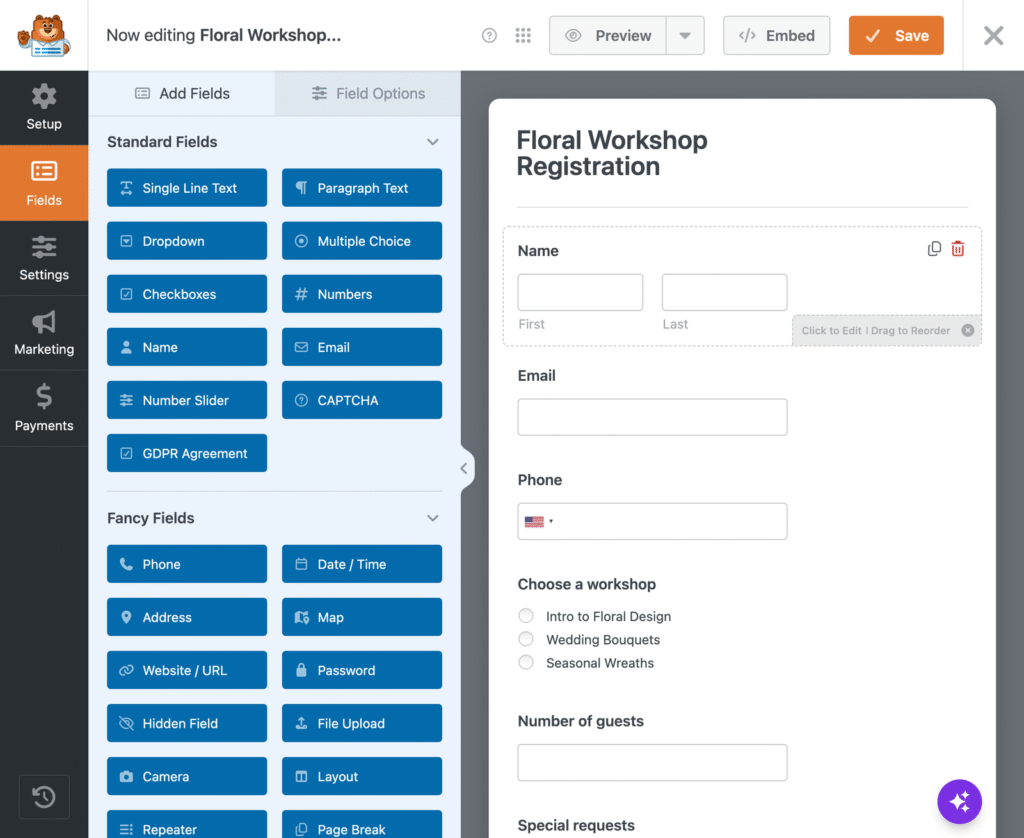 Registration form: Floral Workshop form on the right, with fields for Name, Email, Phone, and a workshop list; left shows form builder with field options like Name, Email, Dropdown, CAPTCHA.