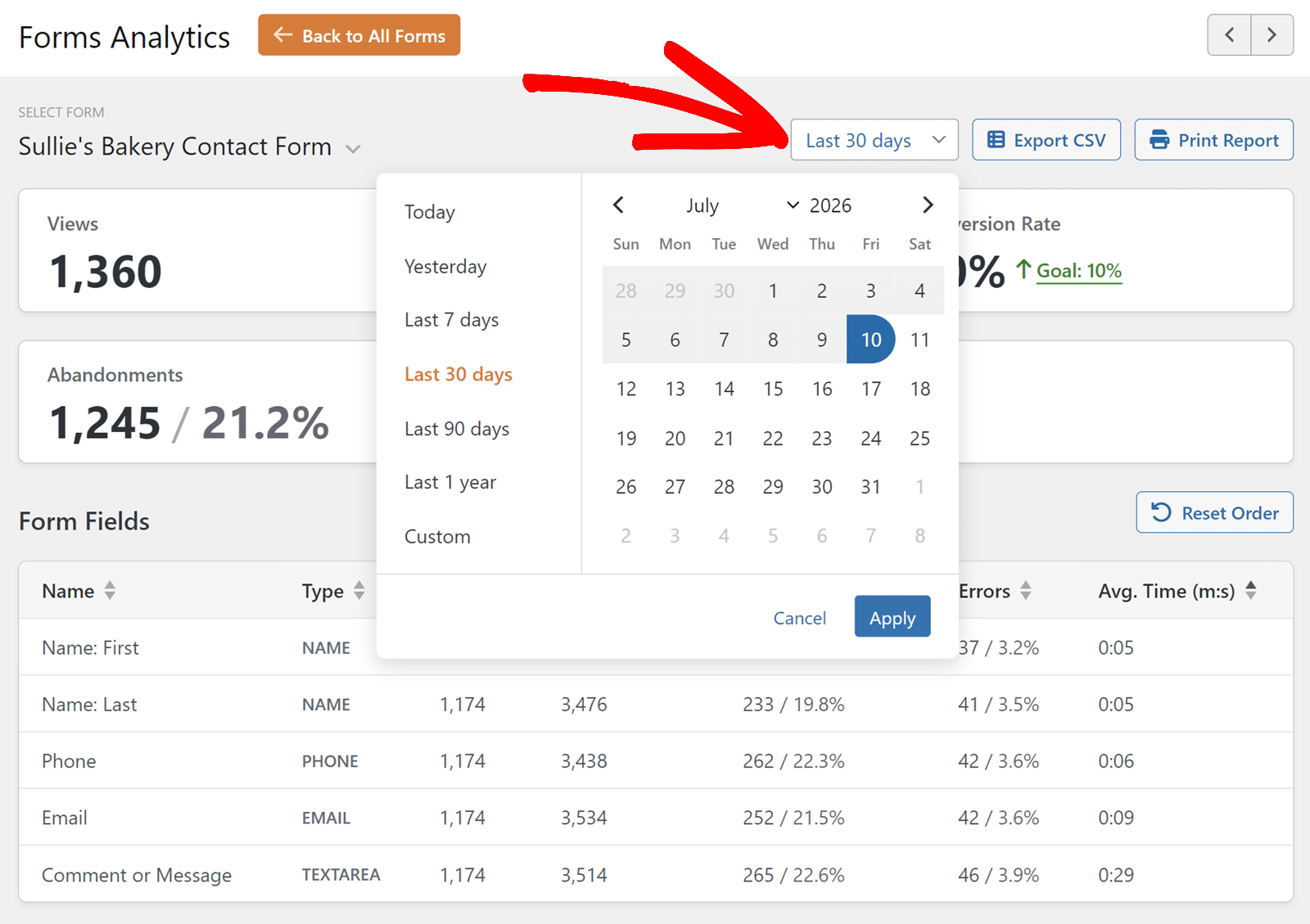 WPForms analytics date range picker with Export CSV and Print Report options